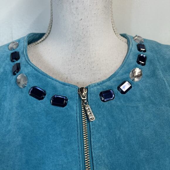 Karen Arnold Jacket Blazer size Large Aqua Agean Green Suede Leather Blue Jewels - Picture 2 of 8